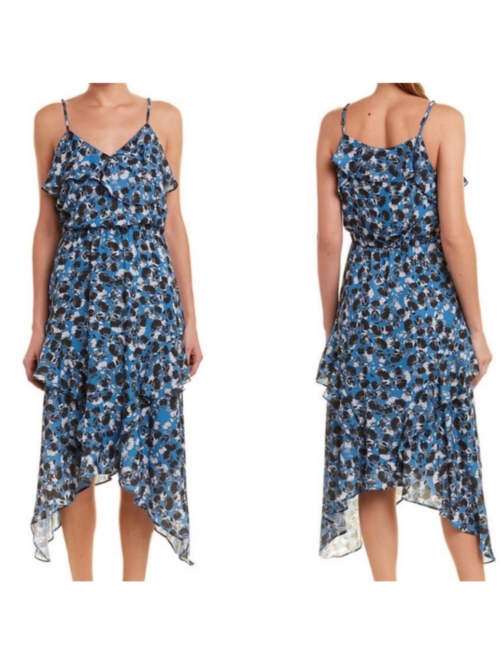 Parker Ruffle Floral Sharkbite Hem Midi Dress in Blue Strapless Vneck M Medium